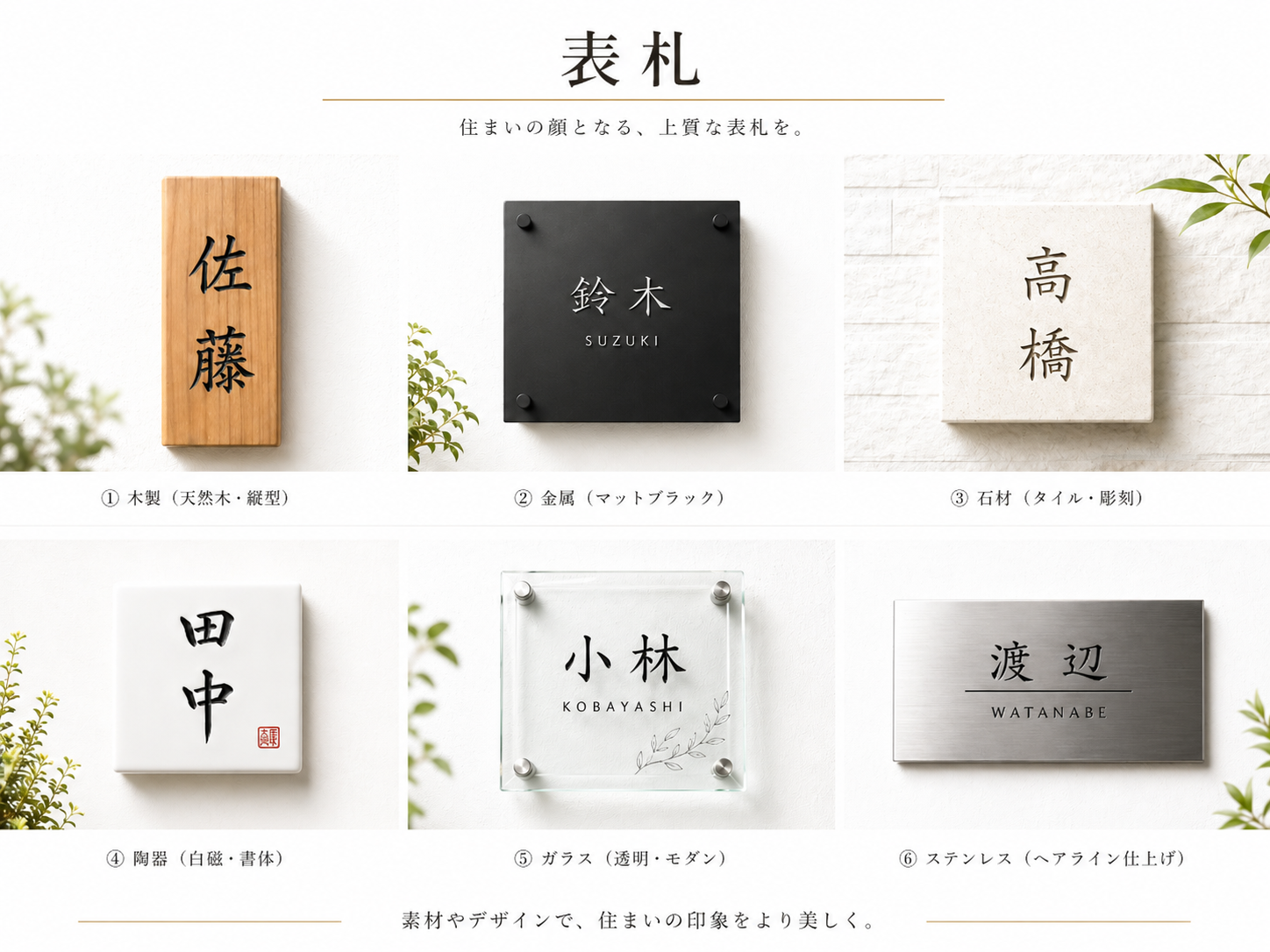 木製、金属、石材、陶器、ガラス、ステンレスの表札事例